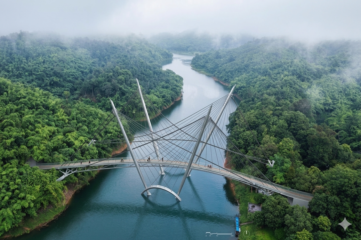 Aerial view of the bridge crossing a river in forested terrain under mist