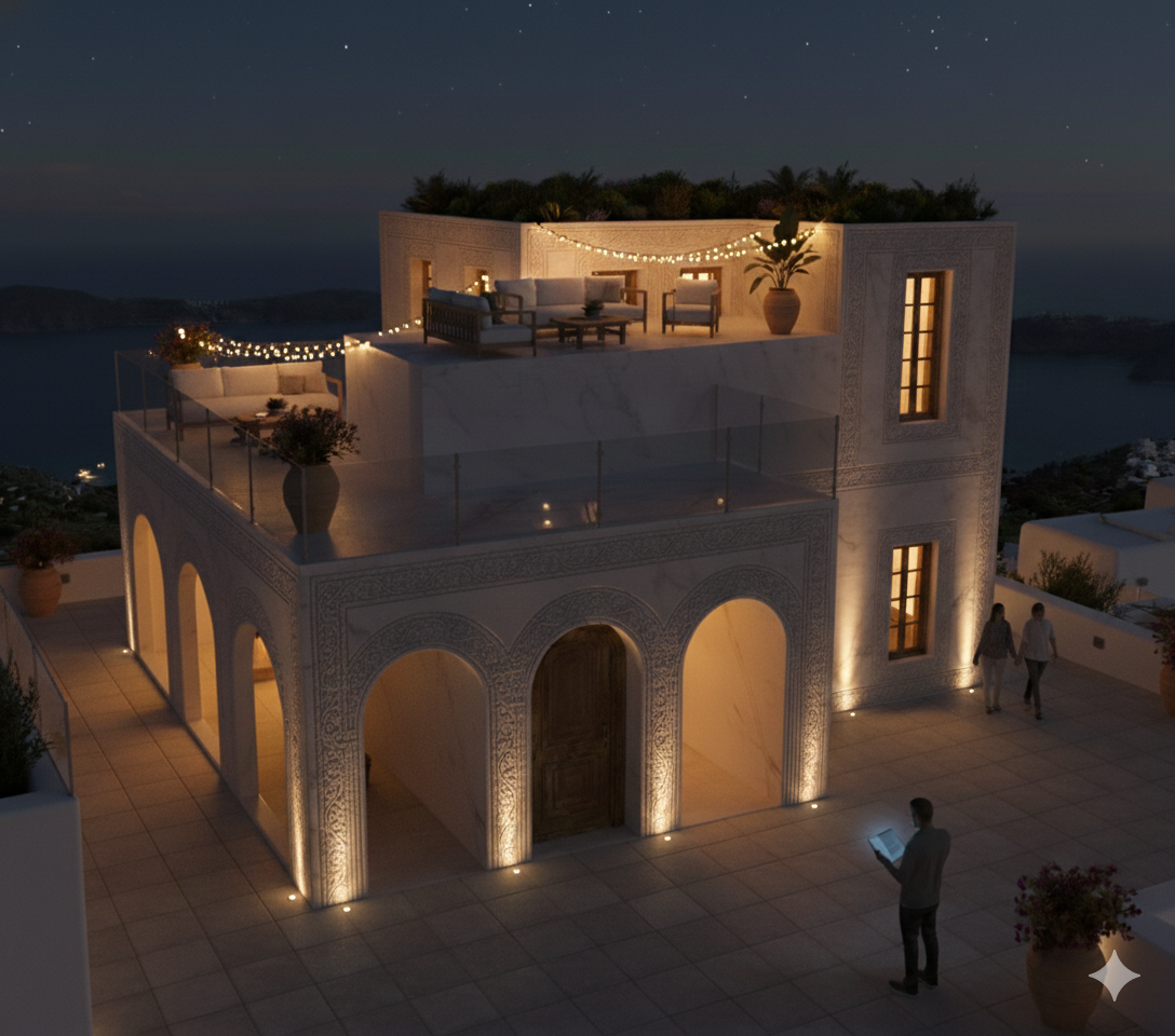 The same house at night with the arched ground floor lit
