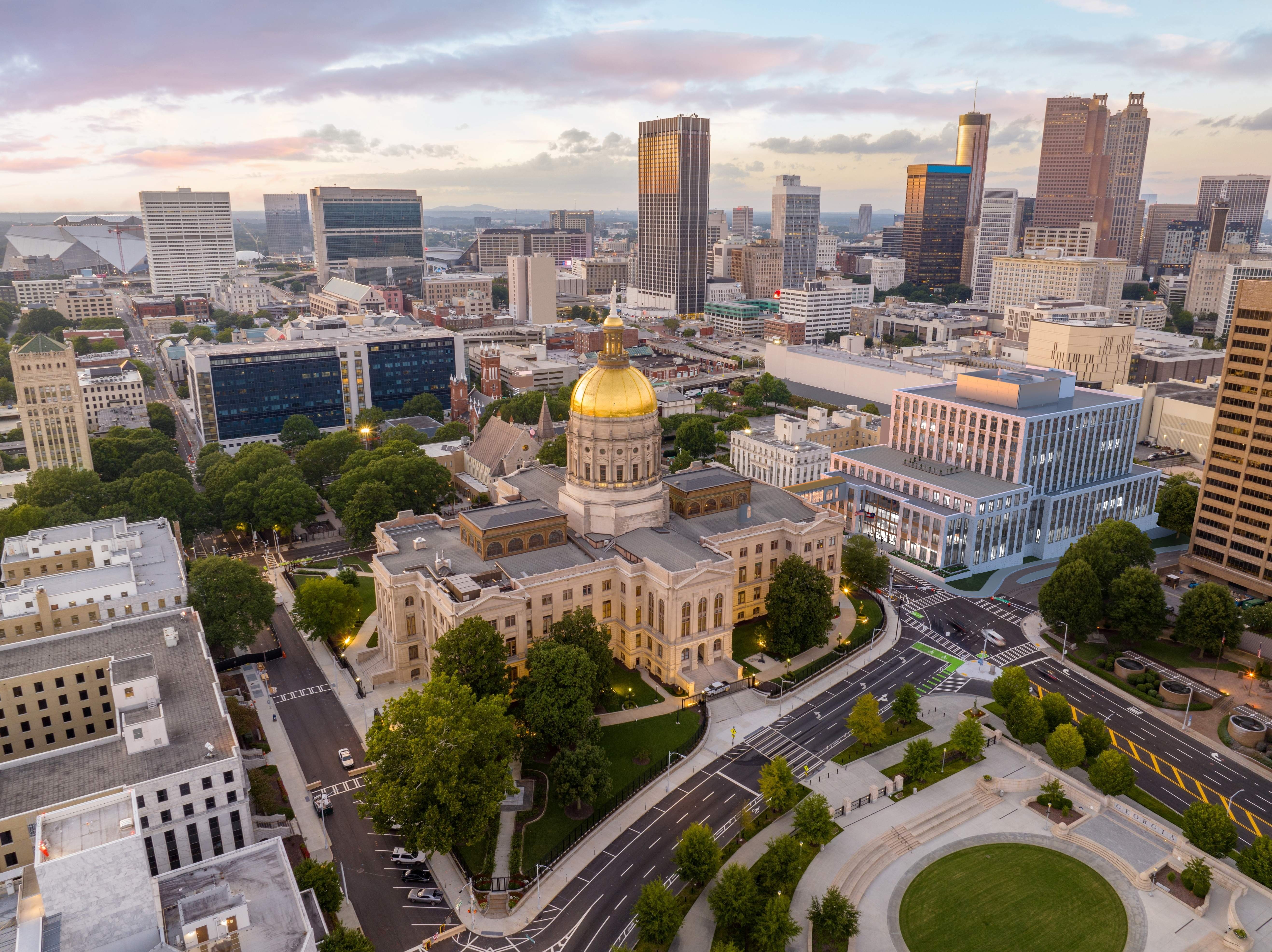 Aerial view of Georgia Capitol Complex at dusk