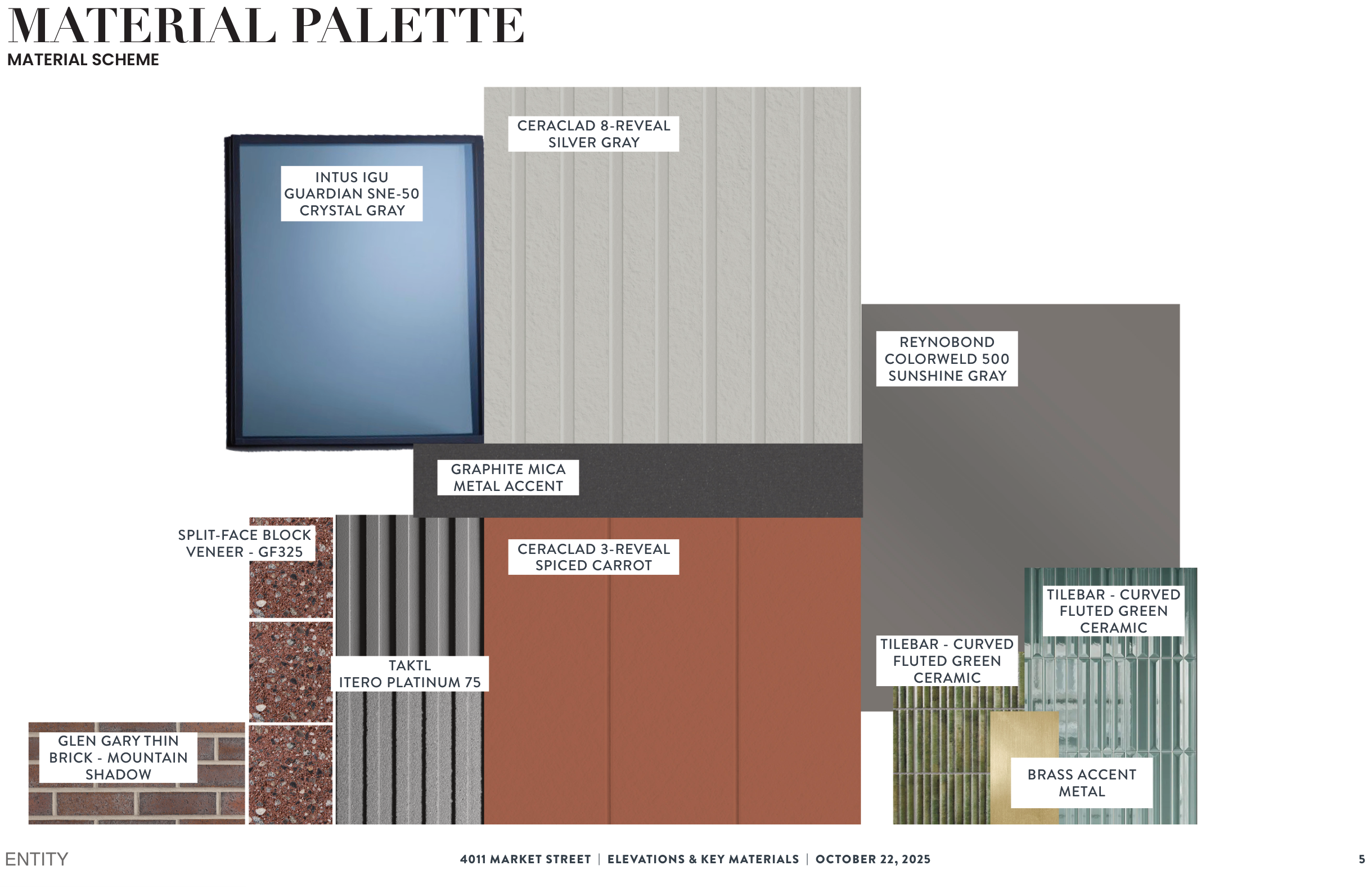 Material palette board naming thin brick, Ceraclad rainscreen, metal accents, fluted ceramic and brass