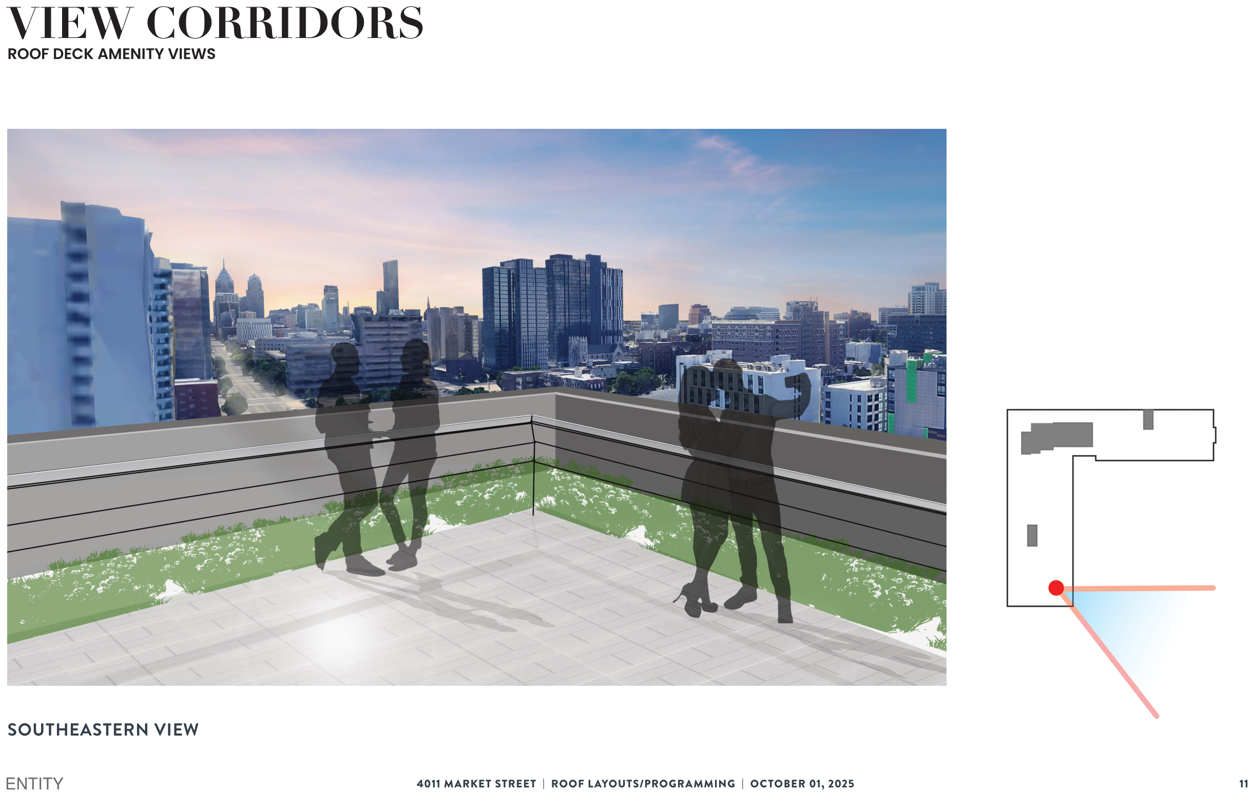 Rendered view from the roof deck looking southeast toward the Center City skyline